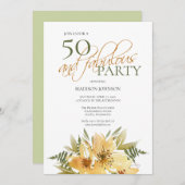 50と素晴らしい誕生日イエローとグリーンフローラ 招待状 (正面/裏面)