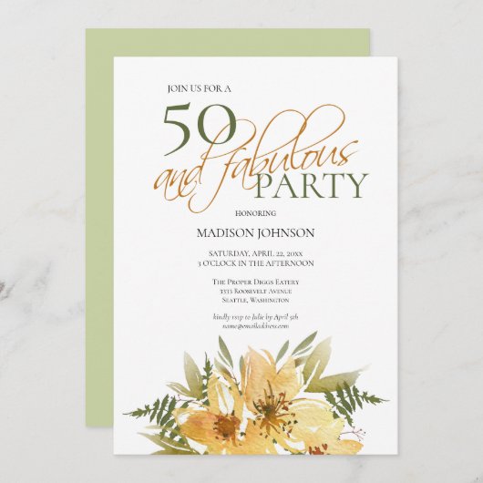 50と素晴らしい誕生日イエローとグリーンフローラ 招待状 (正面/裏面)