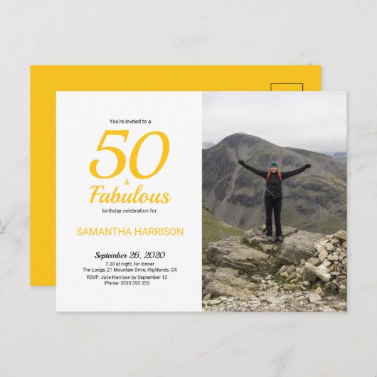 50と素晴らしい誕生日イエローブラックフォトポストカード インビテーションポストカード (正面/裏面)