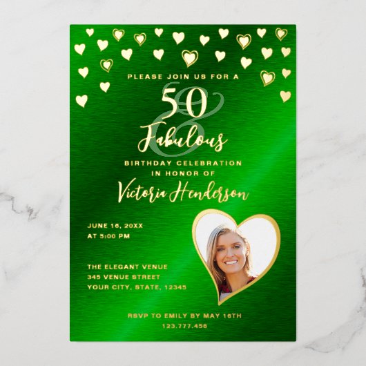 50と素晴らしい誕生日エレガントグリーン&金ゴールド 箔招待状 (正面)