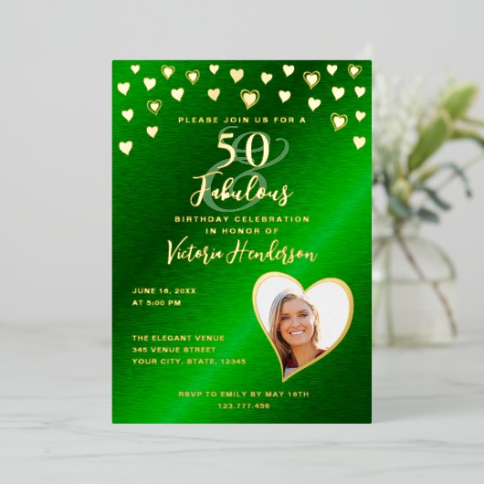 50と素晴らしい誕生日エレガントグリーン&金ゴールド 箔招待状 (立ち正面)