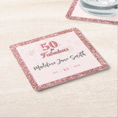 50と素晴らしい誕生日エレガントバラピンクグリッター スクエアペーパーコースター (アングル)