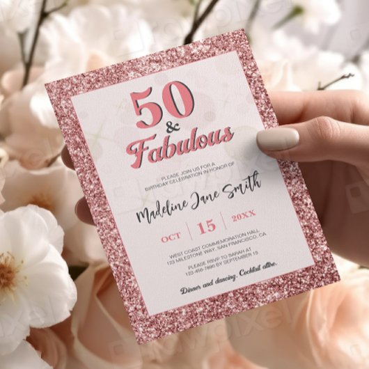 50と素晴らしい誕生日エレガントバラピンクグリッター 招待状