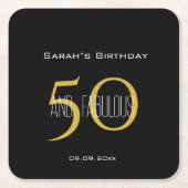 50と素晴らしい誕生日エレガントブラックと金ゴールド スクエアペーパーコースター (正面)