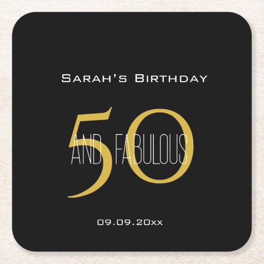 50と素晴らしい誕生日エレガントブラックと金ゴールド スクエアペーパーコースター (正面)