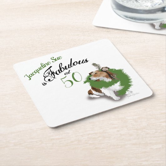 50と素晴らしい誕生日シェットランド・ シープドッグドッググリーン スクエアペーパーコースター (アングル)