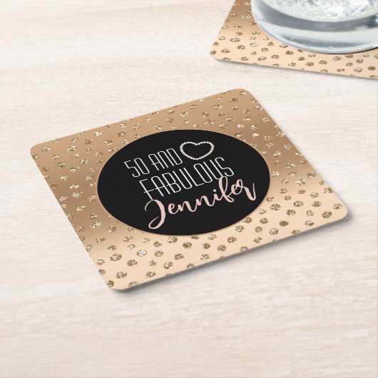 50と素晴らしい誕生日スパークル金ゴールドブラック赤面 スクエアペーパーコースター (アングル)