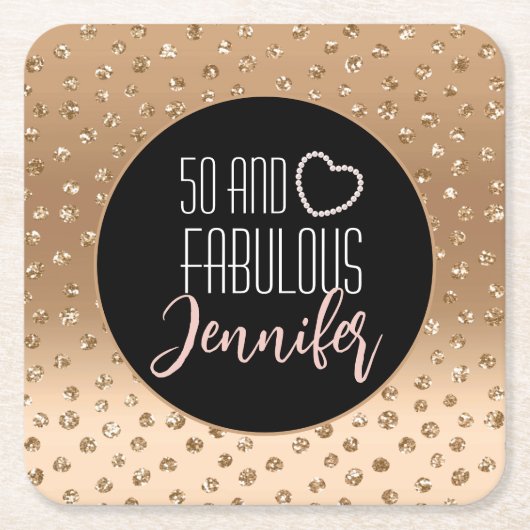 50と素晴らしい誕生日スパークル金ゴールドブラック赤面 スクエアペーパーコースター (正面)
