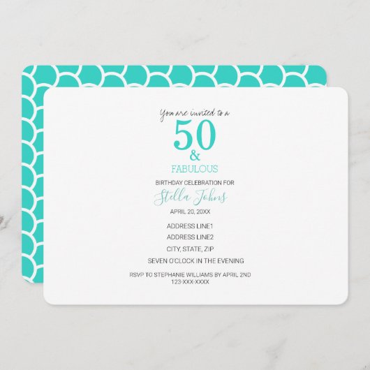 50と素晴らしい誕生日ターコイズマーメイドビーチ 招待状 (正面/裏面)