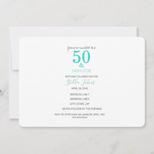 50と素晴らしい誕生日ターコイズマーメイドビーチ 招待状 (正面)