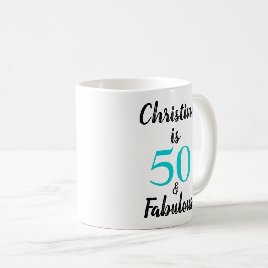 50と素晴らしい誕生日ターコイズ白黒 コーヒーマグカップ (正面右)