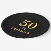 50と素晴らしい誕生日パーティゴールデンイエローブラック ペーパープレート (アングル)