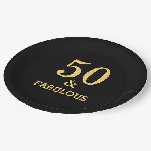 50と素晴らしい誕生日パーティゴールデンイエローブラック ペーパープレート (アングル)