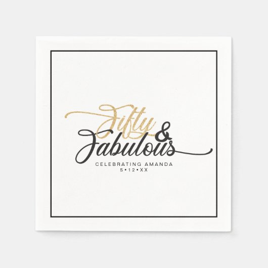 50と素晴らしい誕生日パーティフェイク金ゴールドとブラック スタンダードカクテルナプキン (正面)