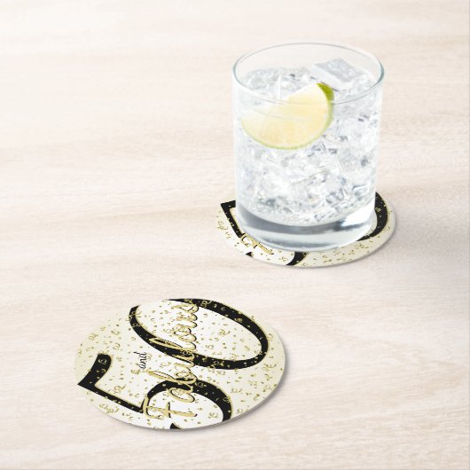 50と素晴らしい誕生日パーティブラック/金ゴールド ラウンドペーパーコースター (インサイチュ)