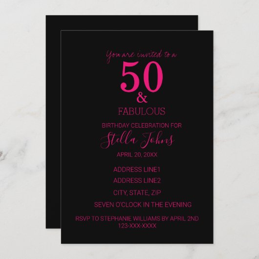 50と素晴らしい誕生日パーティホットピンクブラック2024 招待状 (正面/裏面)