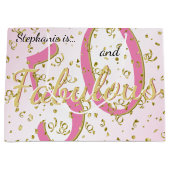 50と素晴らしい誕生日パーティーおもしろいピンク/金ゴールド大 ラージペーパーバッグ (正面)