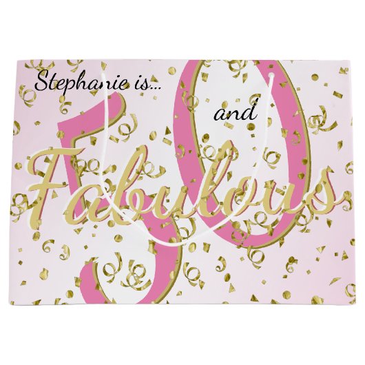 50と素晴らしい誕生日パーティーおもしろいピンク/金ゴールド大 ラージペーパーバッグ (正面)