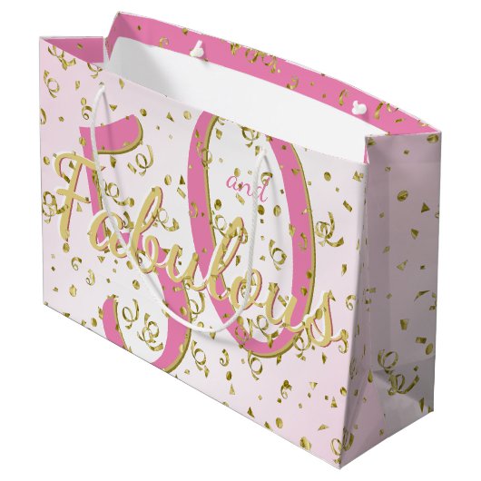 50と素晴らしい誕生日パーティーおもしろいピンク/金ゴールド大 ラージペーパーバッグ (裏面アングル)