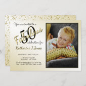 50と素晴らしい誕生日パーティーおもしろいブラック/金ゴールド50th 招待状 (正面/裏面)