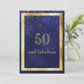 50と素晴らしい誕生日パーティーの金ゴールドフレームブルー 招待状 (スタンド正面)