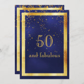 50と素晴らしい誕生日パーティーの金ゴールドフレームブルー 招待状 (正面/裏面)