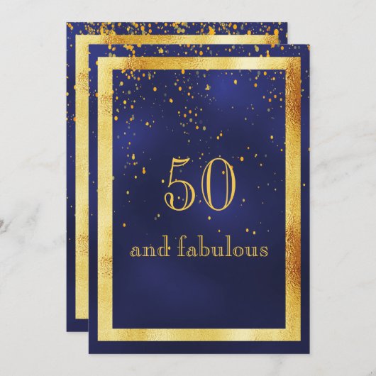 50と素晴らしい誕生日パーティーの金ゴールドフレームブルー 招待状 (正面/裏面)