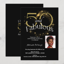 50と素晴らしい誕生日パーティー白黒金ゴールド 招待状