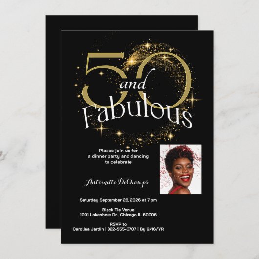 50と素晴らしい誕生日パーティー白黒金ゴールド 招待状 (正面/裏面)