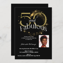 50と素晴らしい誕生日パーティー白黒金ゴールド 招待状