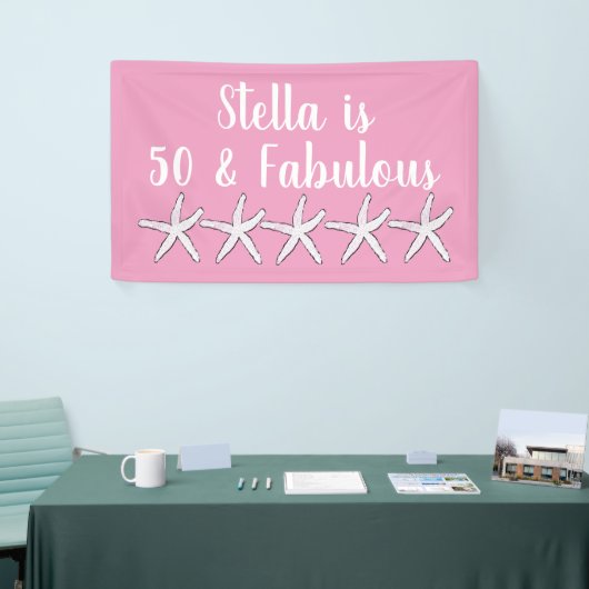 50と素晴らしい誕生日ヒトデ柄ピンク白 横断幕 (トレードショー)