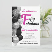 50と素晴らしい誕生日ピンクと黒のバルーン 招待状 (スタンド正面)