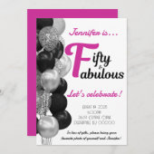 50と素晴らしい誕生日ピンクと黒のバルーン 招待状 (正面/裏面)