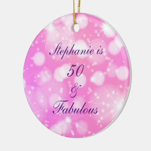 50と素晴らしい誕生日ピンクパープルキラキラ セラミックオーナメント (左)