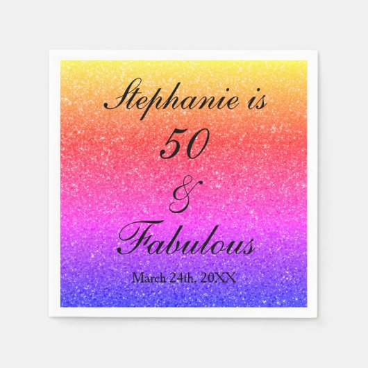 50と素晴らしい誕生日ピンクパープルグリッターブラック スタンダードカクテルナプキン (正面)