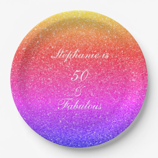 50と素晴らしい誕生日ピンクパープルグリッターホワイト ペーパープレート (正面)
