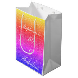 50と素晴らしい誕生日ピンクパープルグリッターホワイト ミディアムペーパーバッグ