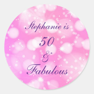 50と素晴らしい誕生日ピンクローズパープルキラキラ ラウンドシール