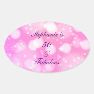 50と素晴らしい誕生日ピンクローズパープルキラキラ 楕円形シール