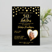 50と素晴らしい誕生日フォトグラムブラック&金ゴールド 箔招待状 (立ち正面)