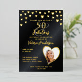 50と素晴らしい誕生日フォトブラック&金ゴールド 箔招待状 (立ち正面)