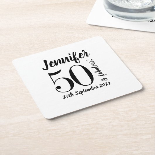 50と素晴らしい誕生日ブラックスクリプトタイポグラフィ スクエアペーパーコースター (アングル)