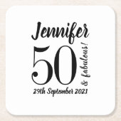 50と素晴らしい誕生日ブラックスクリプトタイポグラフィ スクエアペーパーコースター (正面)