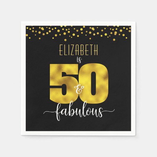 50と素晴らしい誕生日ブラック金ゴールドフォイル紙吹雪 スタンダードカクテルナプキン (正面)