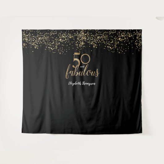 50と素晴らしい誕生日ブラック金ゴールド パーソナライズされた タペストリー (正面(横))