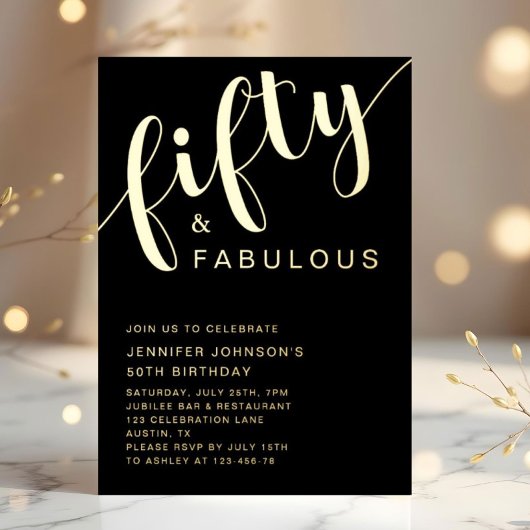 50と素晴らしい誕生日ブラック金ゴールド 箔招待状