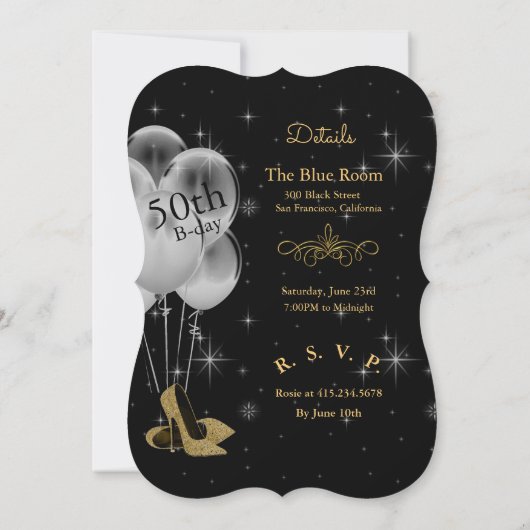 50と素晴らしい誕生日ブラック&金ゴールド 招待状 (裏面)