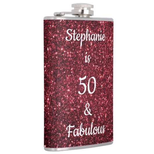 50と素晴らしい誕生日ブルゴーニュレッドピンクグリッター フラスク (右)