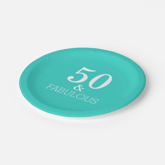 50と素晴らしい誕生日ホワイトターコイズブルー ペーパープレート (アングル)
