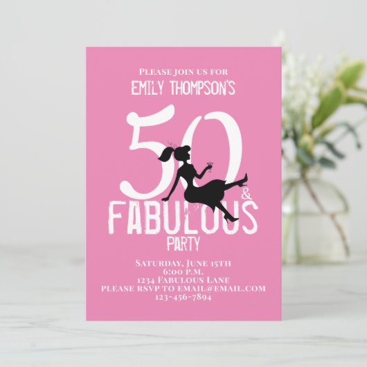 50と素晴らしい誕生日モダンピンクカクテル 招待状 (スタンド正面)